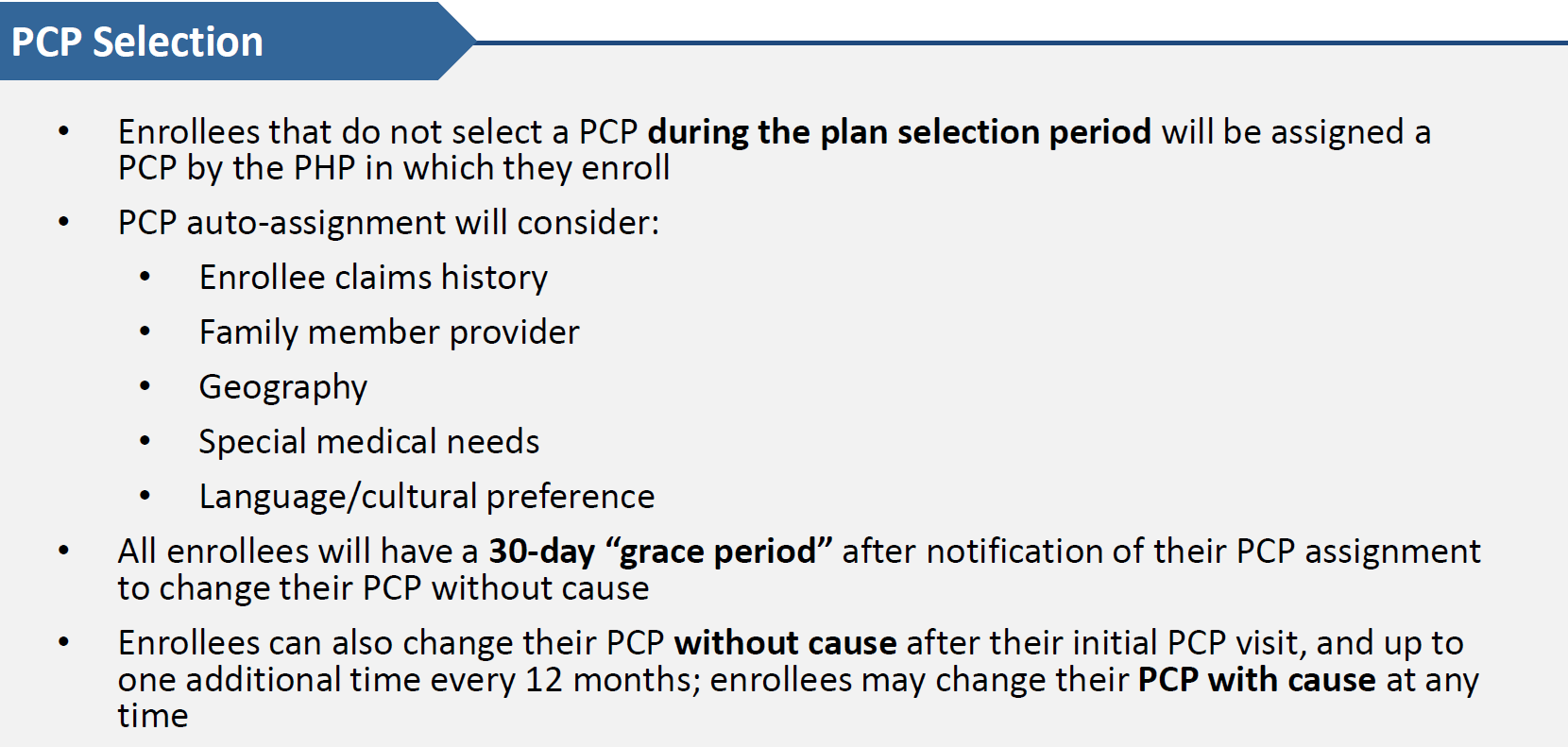 PCP selection